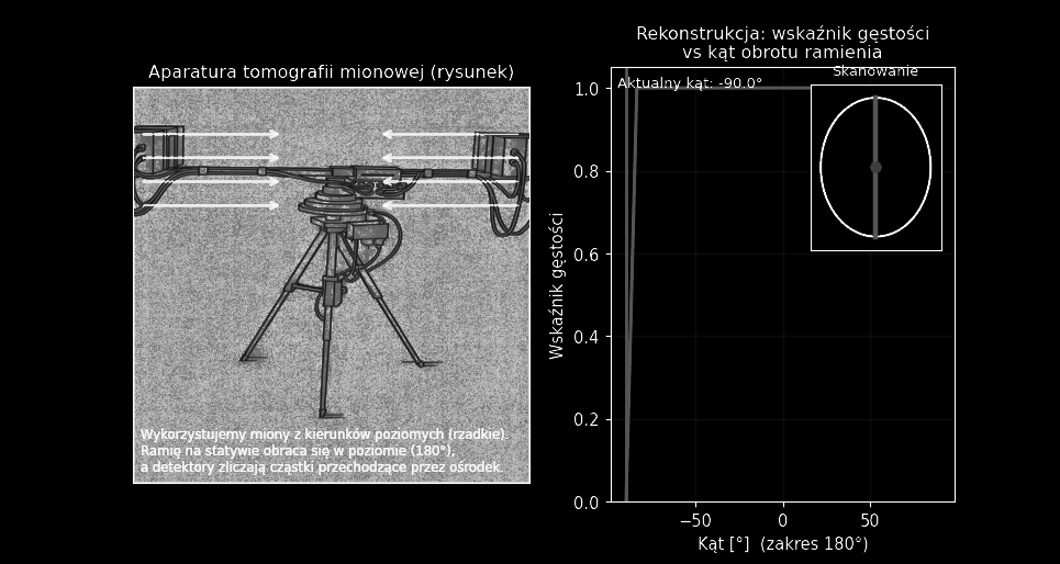 tomografia mionowa aparatura animacja poziome miony loop bez detek